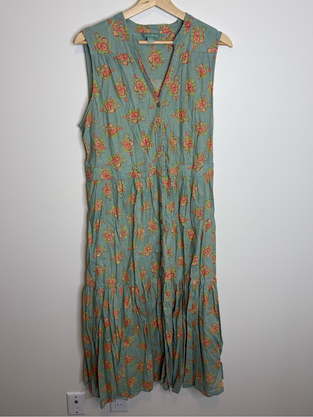April Cornell Sage Maxi Dress with Orange Floral Print size XL